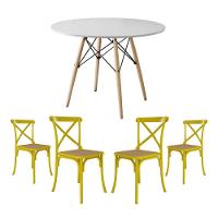 Conjunto De Mesa Eiffel Redondo Tampo De Madeira 90Cm Branco Com 4 Cadeiras Katrina Amarela Assento - 1