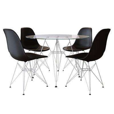 Sala de Jantar Eiffel 4 Lugares Mesa Redonda Vidro com Base de Ferro Branco e Cadeiras Pretas Preto
