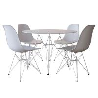 Sala De Jantar Mesa Redonda Vidro 90Cm Base Ferro Branco Com 4 Cadeiras Brancas Cor: Branco - 1