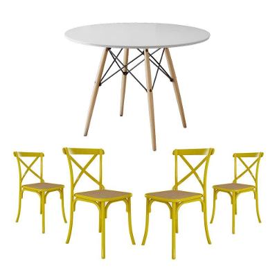 Jogo De Mesa Eiffel Redondo Tampo De Madeira 110Cm Branco Com 4 Cadeiras Katrina Amarelao Beg