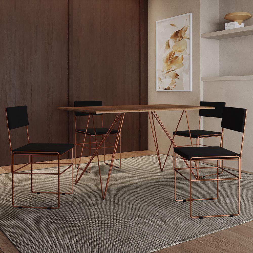 Mesa Jantar Industrial Trama 1,40X0,80M Amêndoa Com 4 Cadeiras Estofadas Vitória Cobre E Preta - 1