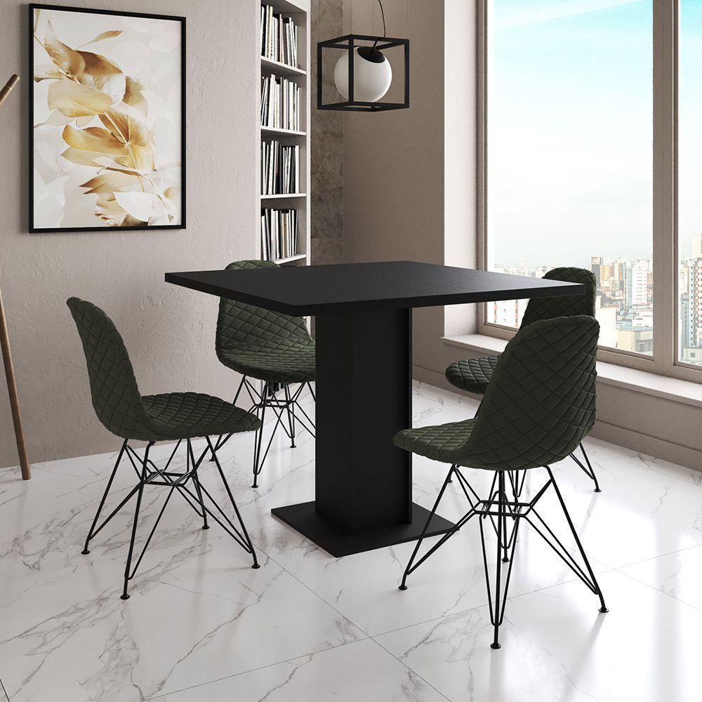 Mesa Jantar Londres Quadrada Preta 90Cm 4 Cadeiras Estofadas Verde Eames Ferro Preto - 1