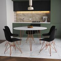 Mesa Jantar Redonda 110Cm Branca Clips 3 Pés Com 5 Cadeiras Pretas Base Cobre - Cor: Branco - 1