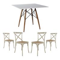 Conjunto De Mesa Eiffel Quadrado Tampo De Madeira 90Cm Branco Com 4 Cadeiras Katrina Off White - 1
