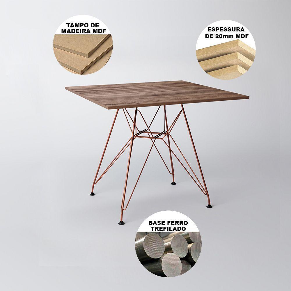 Mesa Jantar Quadrada Com 4 Cadeiras Pretas Base De Ferro Cobre Tampo Amêndoa 90Cm Cor: Marrom - 6