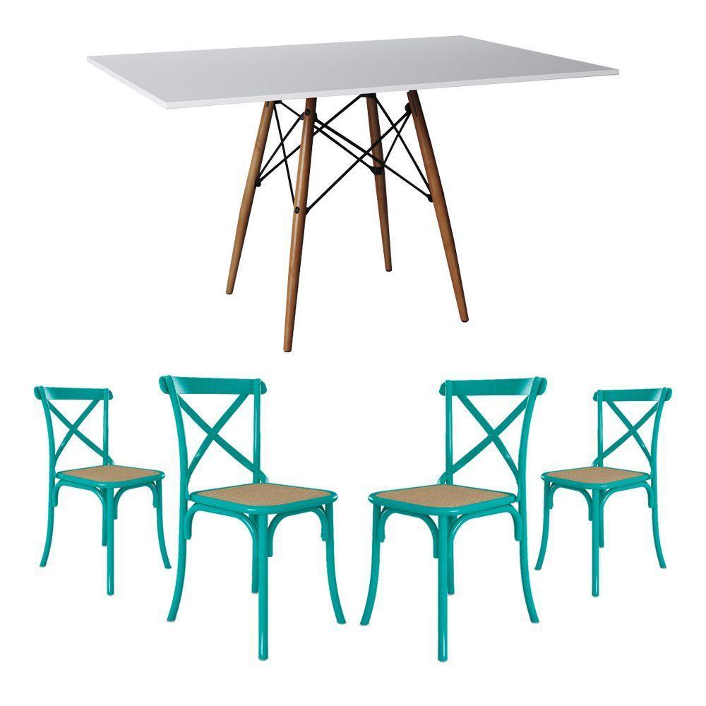 Conjunto De Mesa Eiffel Retangular Tampo De Madeira 120X75Cm Branco Com 4 Cadeiras Katrina Azul Turq - 1