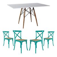 Conjunto De Mesa Eiffel Retangular Tampo De Madeira 120X75Cm Branco Com 4 Cadeiras Katrina Azul Turq - 1