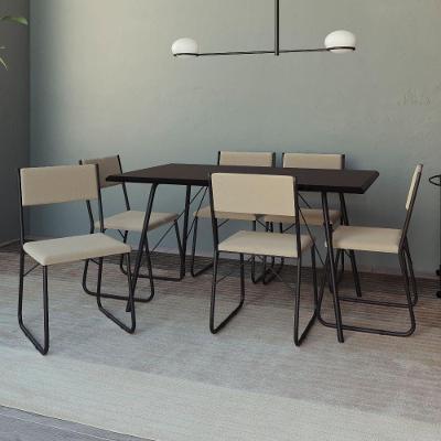 Mesa Jantar Paraty 150Cm Tampo Preto Com Cadeiras 6 Cadeiras Angra Estofadas Preta E Bege - Preto
