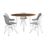 Mesa Jantar Redonda 110Cm Amêndoa Clips 3 Pés Com 5 Cadeiras Brancas Ferro Branco - Cor: Amendoa - 6