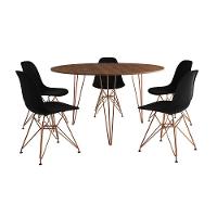 Mesa Jantar Redonda 110Cm Amêndoa Clips 3 Pés Com 5 Cadeiras Pretas Base Cobre - Cor: Amendoa - 6