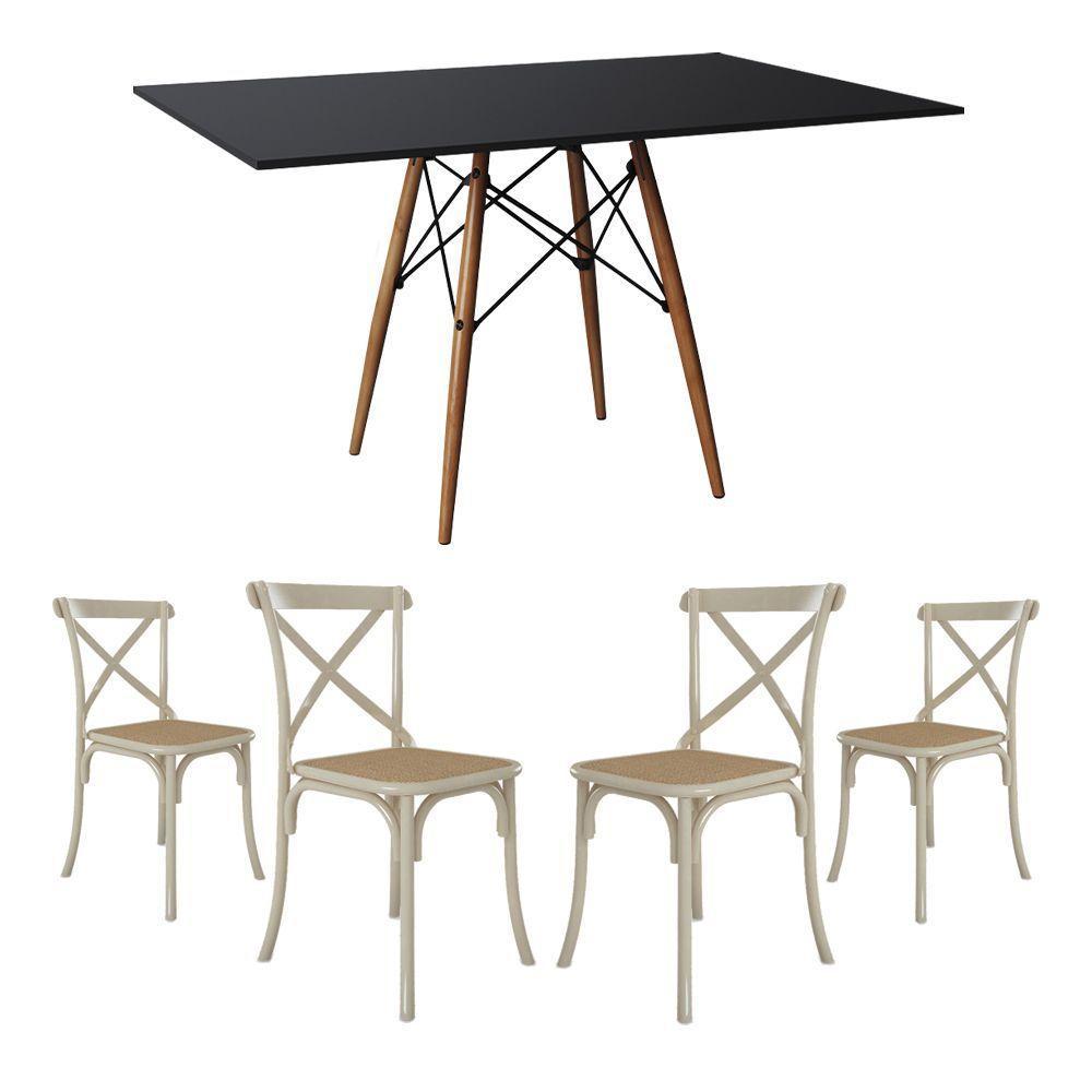 Conjunto De Mesa Eiffel Retangular Tampo De Madeira 120X75Cm Preto Com 4 Cadeiras Katrina Off White - 1