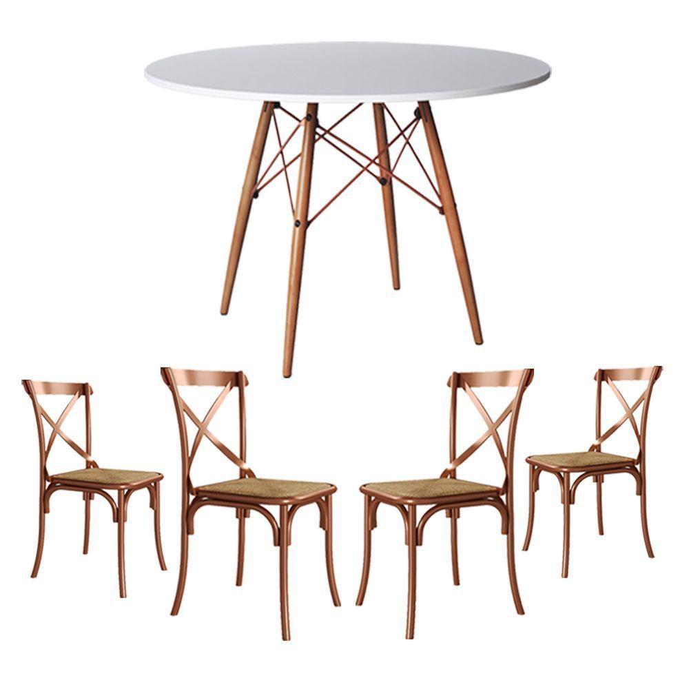 Conjunto De Mesa Eiffel Redondo Tampo De Madeira 110Cm Branco Com 4 Cadeiras Cobre - Branco - 1