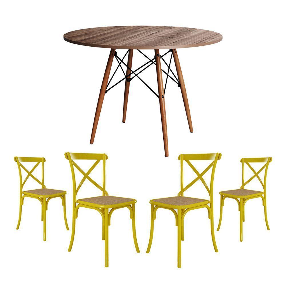Conjunto De Mesa Eiffel Redondo Tampo De Madeira 90Cm Amêndoa Com 4 Cadeiras Katrina Amarelao - 1