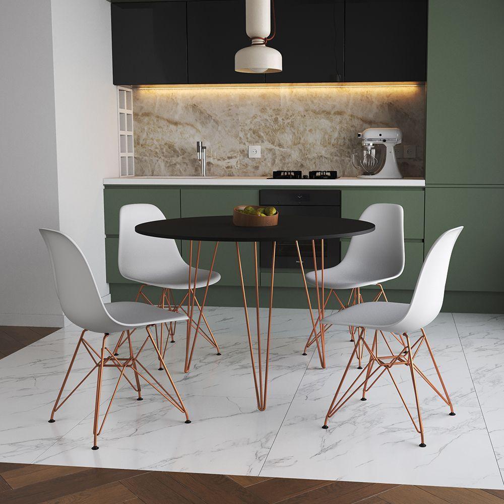 Mesa De Jantar Redonda 90Cm Preta Clips 3 Pés Com 4 Cadeiras Brancas Base Cobre Cor: Preto - 1