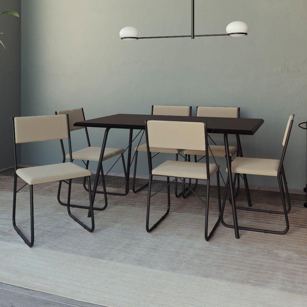 Mesa Jantar Paraty 150Cm Tampo Preto Com Cadeiras 6 Cadeiras Angra Estofadas Preta E Bege - 1