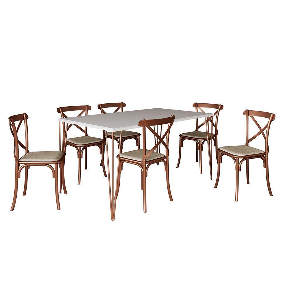 Conjunto Mesa De Jantar Elen Com 6 Cadeiras Katrina Base Cobre E Tampo Branco 150Cm - Cor: Preto - 1