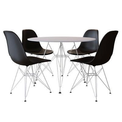 Sala de Jantar Eiffel 4 Lugares Tampo de Vidro Preto Mesa Redonda 90cm com Cadeiras