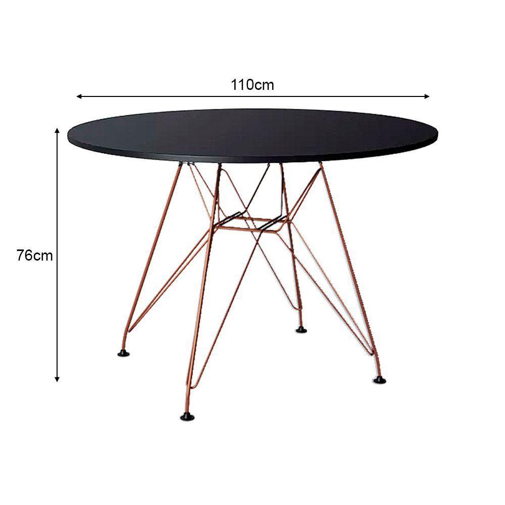 Mesa De Jantar Com 4 Cadeiras Brancas Tampo Redondo Preto 110Cm Com Base Em Ferro Cobre - 2