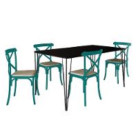 Conjunto De Mesa Elen Retangular Tampo De Madeira 140X80Cm Preto Com 4 Cadeiras Katrina Azul Turques - 1