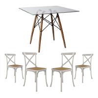 Conjunto De Mesa Eiffel Quadrado Tampo De Vidro 110Cm Com 4 Cadeiras Katrina Branca Assento Bege - 1