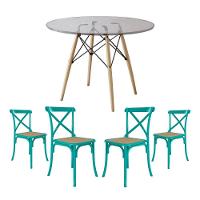Conjunto De Mesa Eiffel Redondo Tampo De Vidro 110Cm Com 4 Cadeiras Katrina Azul Turquesao Be - 1