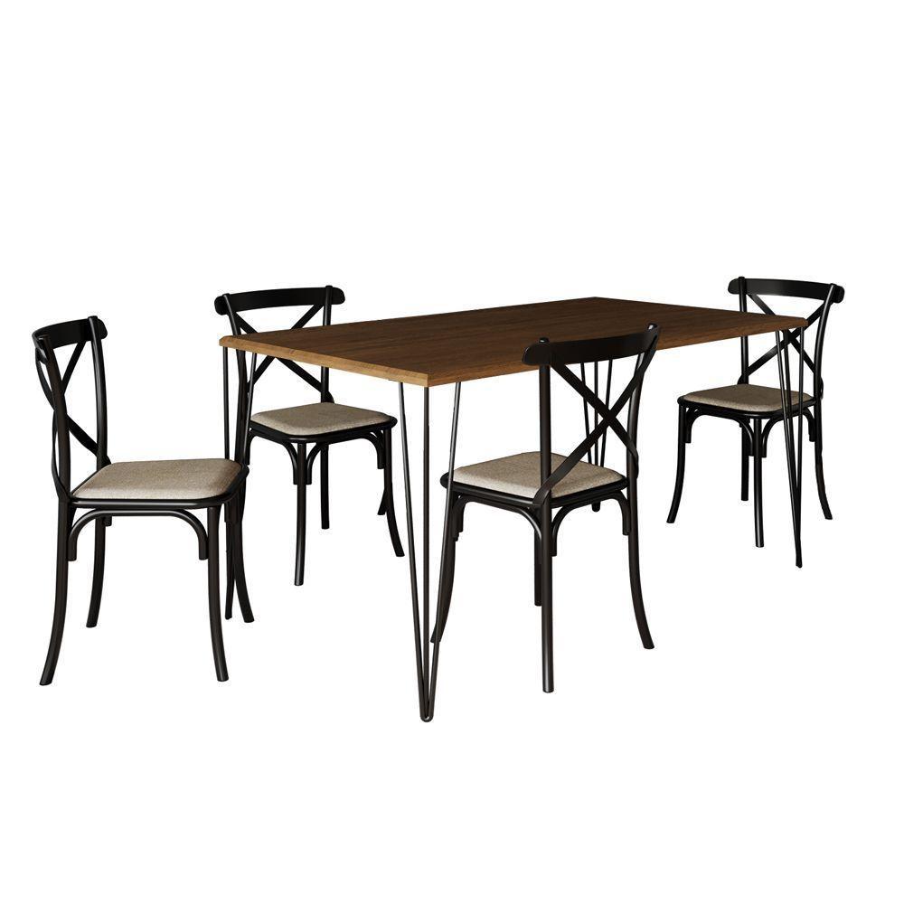 Conjunto De Mesa Elen Retangular Tampo De Madeira 140X80Cm Amêndoa Com 4 Cadeiras Katrina Preto - 1