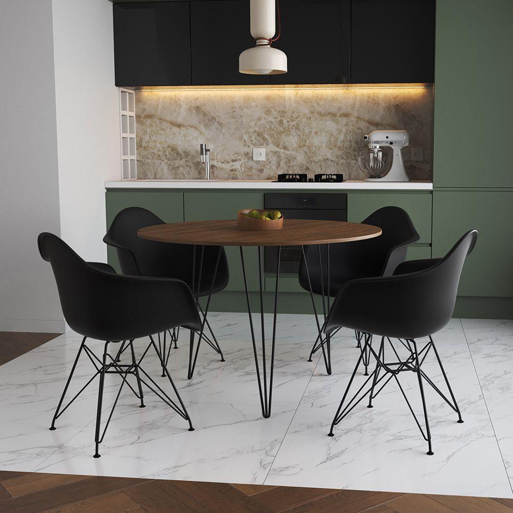 Mesa Jantar Redonda 110Cm Amêndoa Clips 3 Pés Com 4 Poltronas Pretas Ferro Preto - Cor: Amendoa - 1