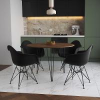 Mesa Jantar Redonda 110Cm Amêndoa Clips 3 Pés Com 4 Poltronas Pretas Ferro Preto - Cor: Amendoa - 1