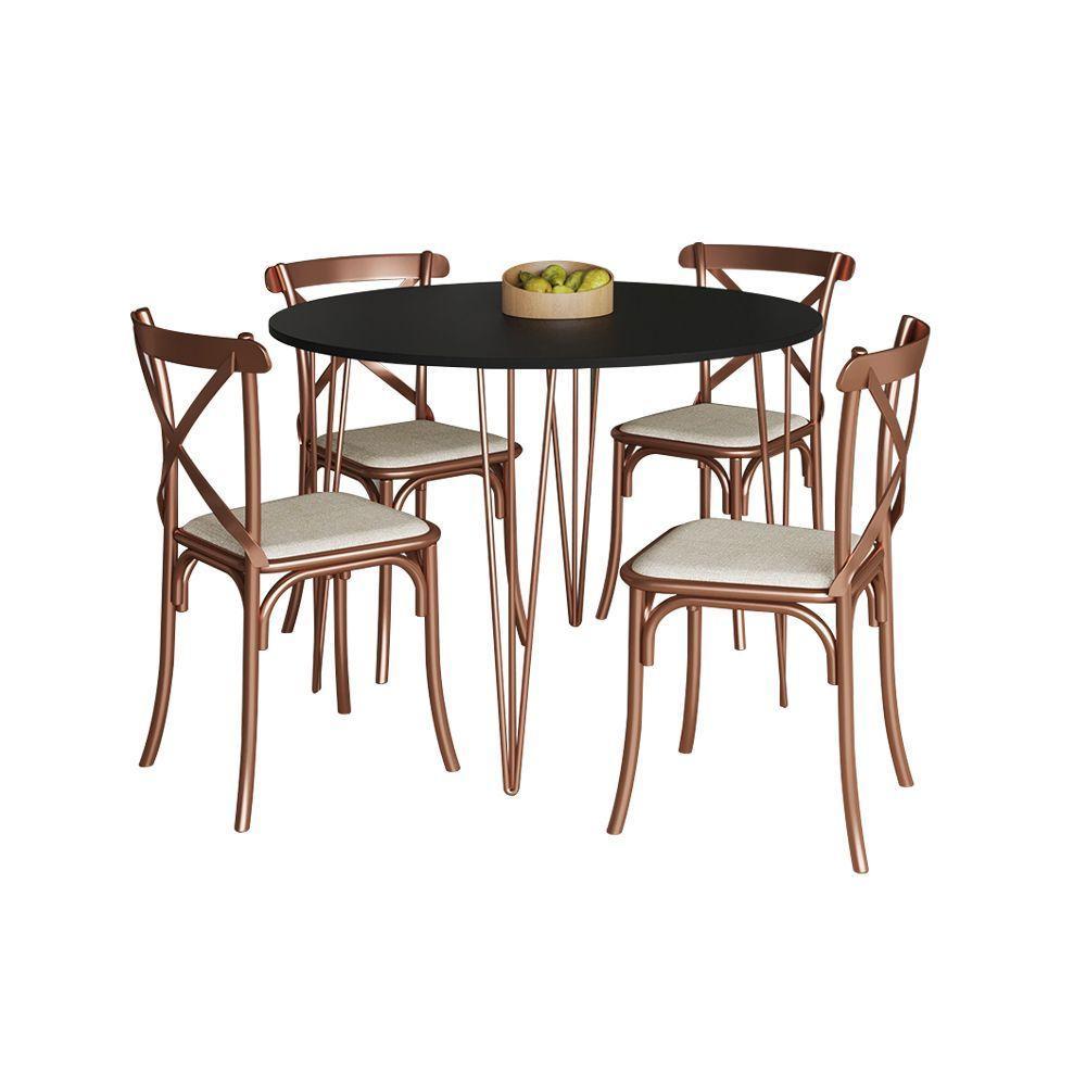 Mesa Com 4 Cadeiras Katrina Cobre Elen Hairpin 110Cm Jantar Preta Base Cobre - Preto - 6