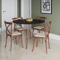 Mesa Com 4 Cadeiras Katrina Cobre Elen Hairpin 110Cm Jantar Preta Base Cobre - Preto - 1
