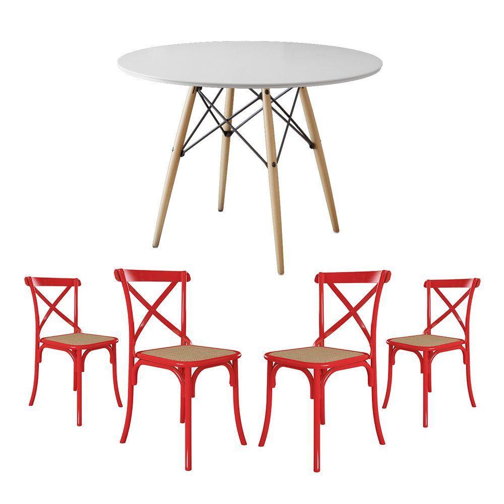 Conjunto De Mesa Eiffel Redondo Tampo De Madeira 110Cm Branco Com 4 Cadeiras Katrina Vermelha - 1