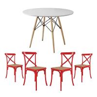 Conjunto De Mesa Eiffel Redondo Tampo De Madeira 110Cm Branco Com 4 Cadeiras Katrina Vermelha - 1