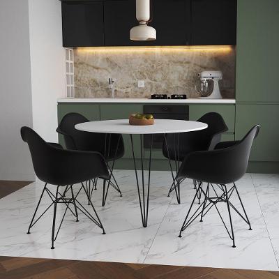 Mesa Jantar Redonda 110Cm Branca Clips 3 Pés Com 4 Poltronas Pretas Ferro Preto - Cor: Branco