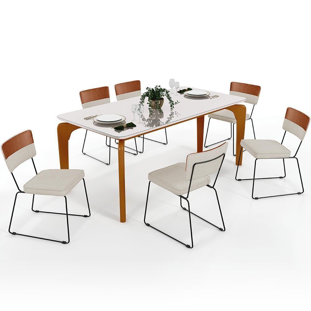 Mesa Capri 160cm Off White 6 Cadeiras Faixa Camel Champagne - 1