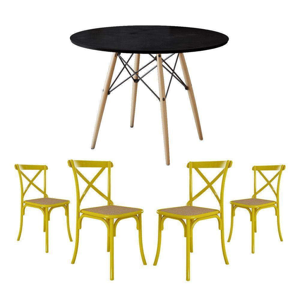 Conjunto De Mesa Eiffel Redondo Tampo De Madeira 110Cm Preto Com 4 Cadeiras Katrina Amarela Assento - 1