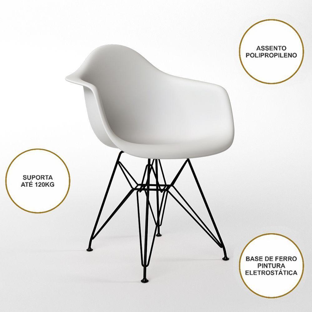 Mesa Jantar Redonda 110Cm Amêndoa Clips 3 Pés Com 4 Poltronas Brancas Ferro Preto - Cor: Amendoa - 4