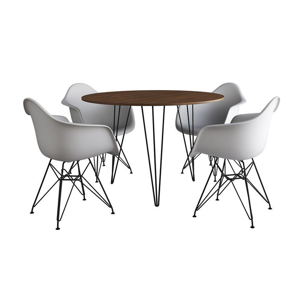 Mesa Jantar Redonda 110Cm Amêndoa Clips 3 Pés Com 4 Poltronas Brancas Ferro Preto - Cor: Amendoa - 6