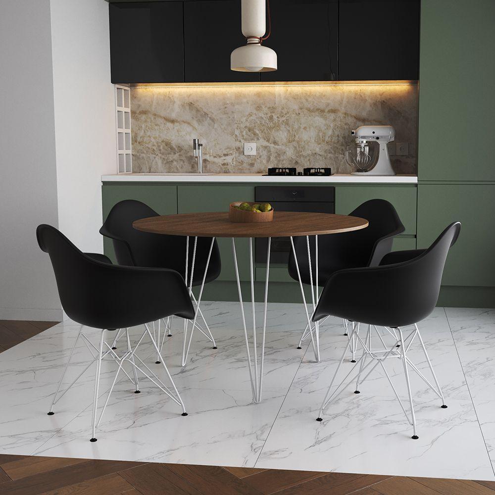 Mesa Jantar Redonda 110Cm Amêndoa Clips 3 Pés Com 4 Poltronas Pretas Ferro Branco - Cor: Amendoa - 1