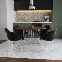 Mesa Jantar Redonda 110Cm Amêndoa Clips 3 Pés Com 4 Poltronas Pretas Ferro Branco - Cor: Amendoa - 1