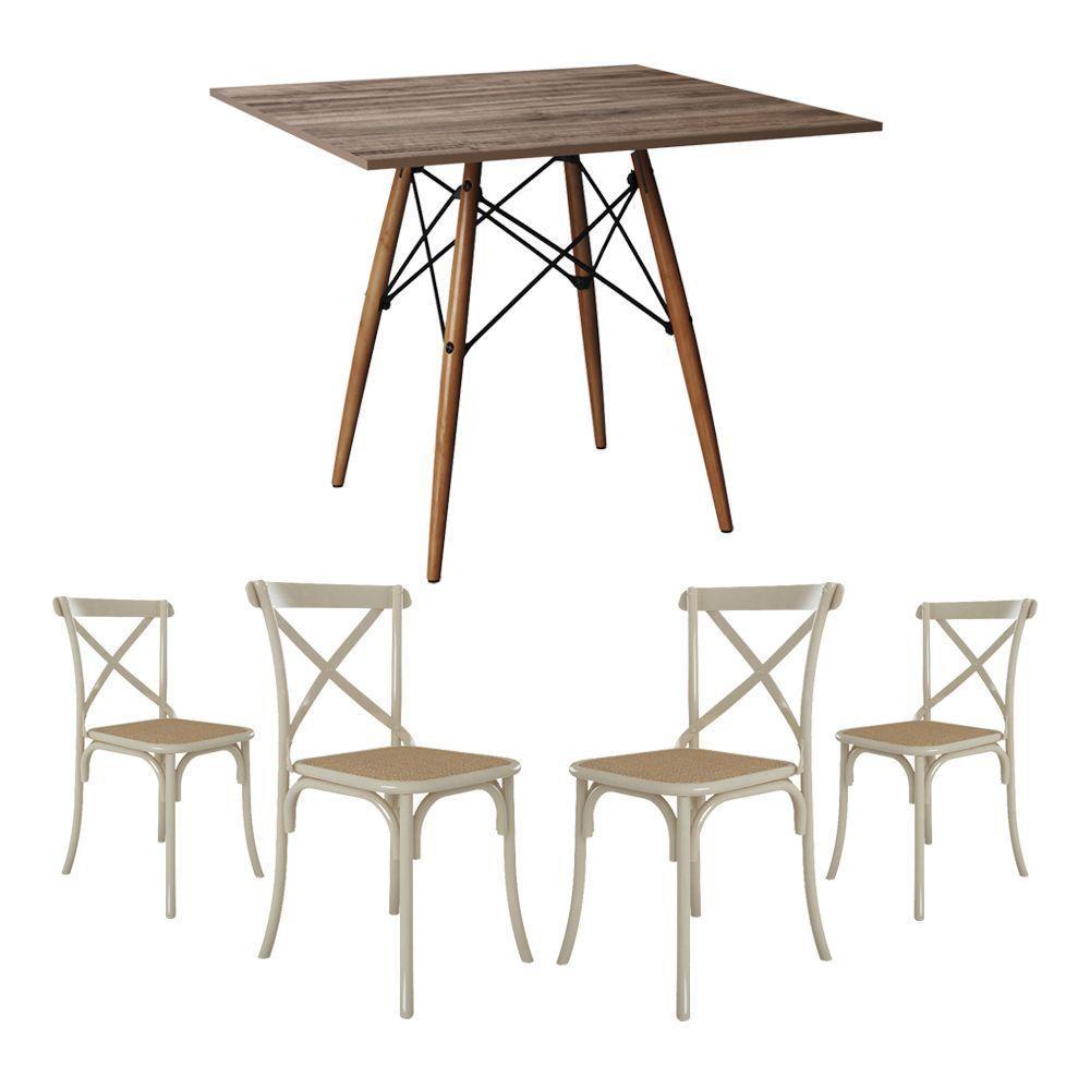 Conjunto De Mesa Eiffel Quadrado Tampo De Madeira 90Cm Amêndoa Com 4 Cadeiras Katrina Off White - 1