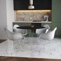 Mesa Jantar Redonda 110Cm Preta Clips 3 Pés Com 4 Poltronas Brancas Ferro Branco - Cor: Preto - 1