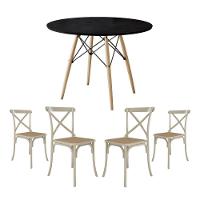 Conjunto De Mesa Eiffel Redondo Tampo De Madeira 110Cm Preto Com 4 Cadeiras Katrina Off White - 1