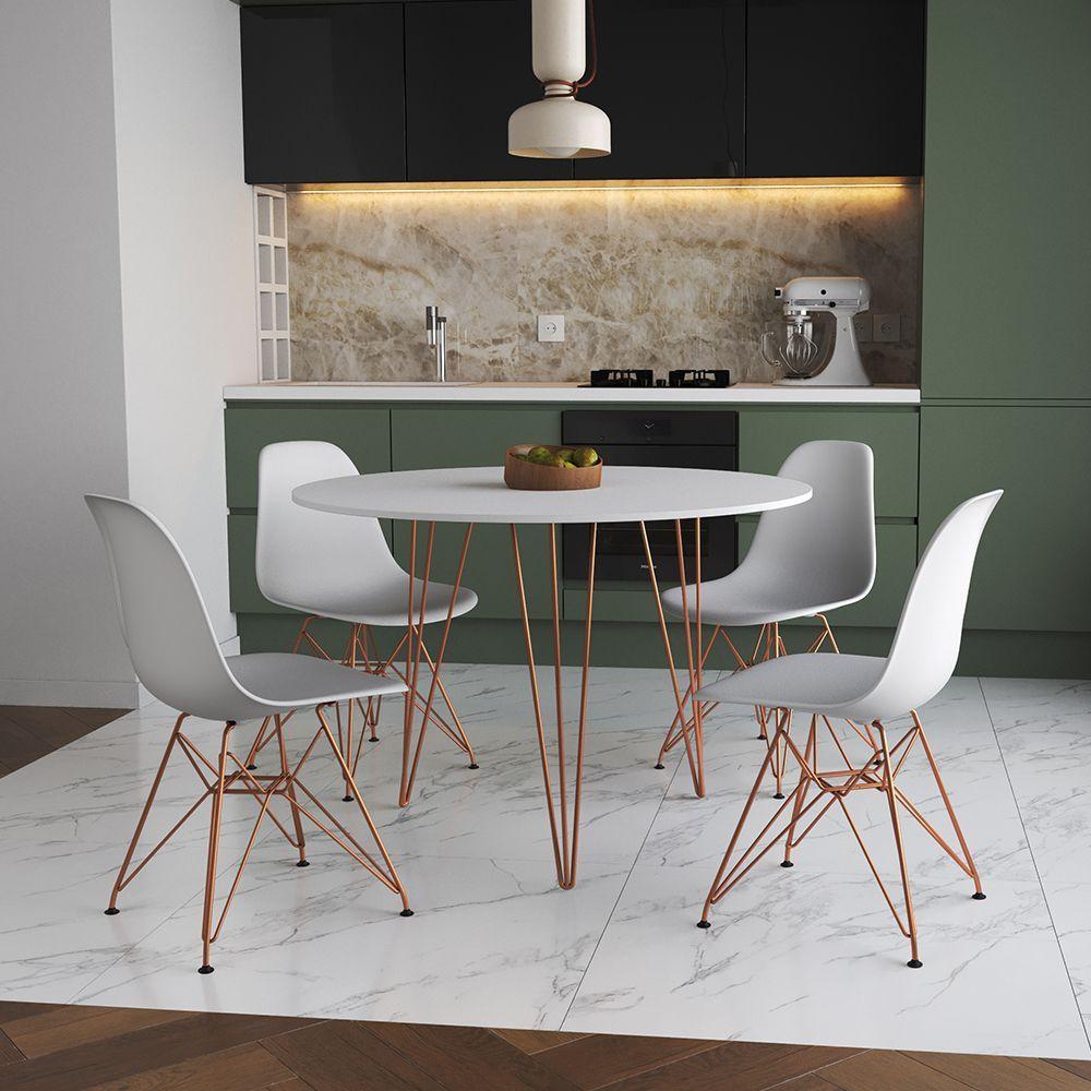 Mesa Jantar Redonda 110Cm Branca Clips 3 Pés Com 4 Cadeiras Brancas Base Cobre - Cor: Branco - 1