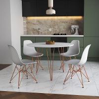 Mesa Jantar Redonda 110Cm Branca Clips 3 Pés Com 4 Cadeiras Brancas Base Cobre - Cor: Branco - 1