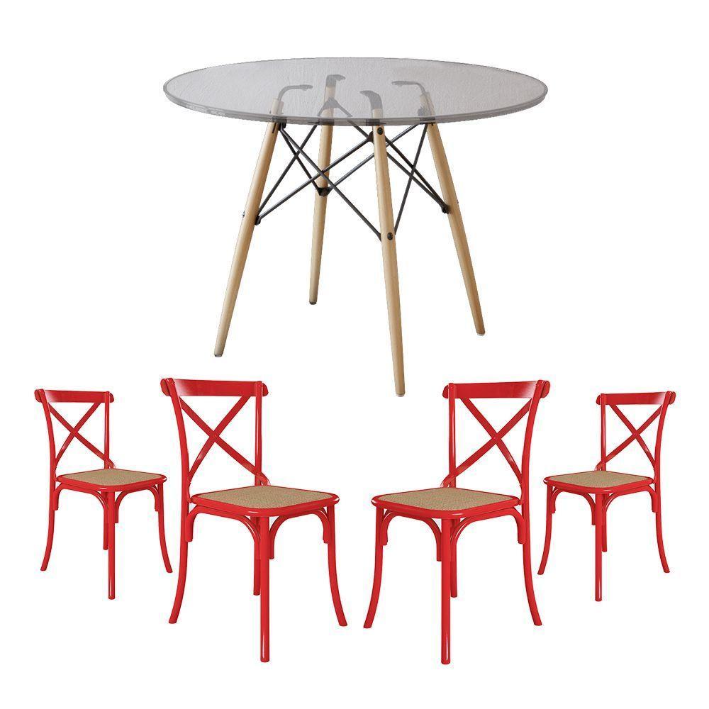 Conjunto De Mesa Eiffel Redondo Tampo De Vidro 110Cm Com 4 Cadeiras Katrina Vermelha Assento Bege - 1