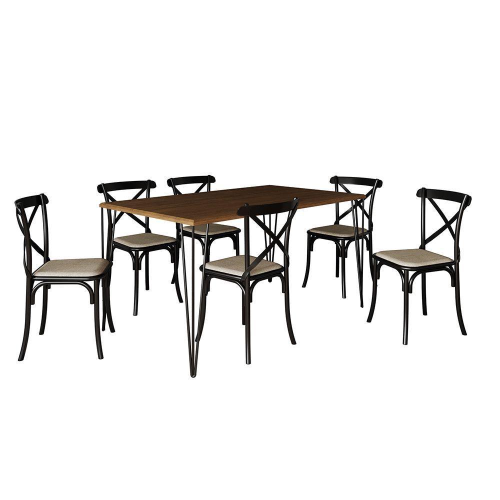 Conjunto Mesa De Jantar Elen Com 6 Cadeiras Katrina Base Preta E Tampo Amêndoa 150Cm - Marrom - 6