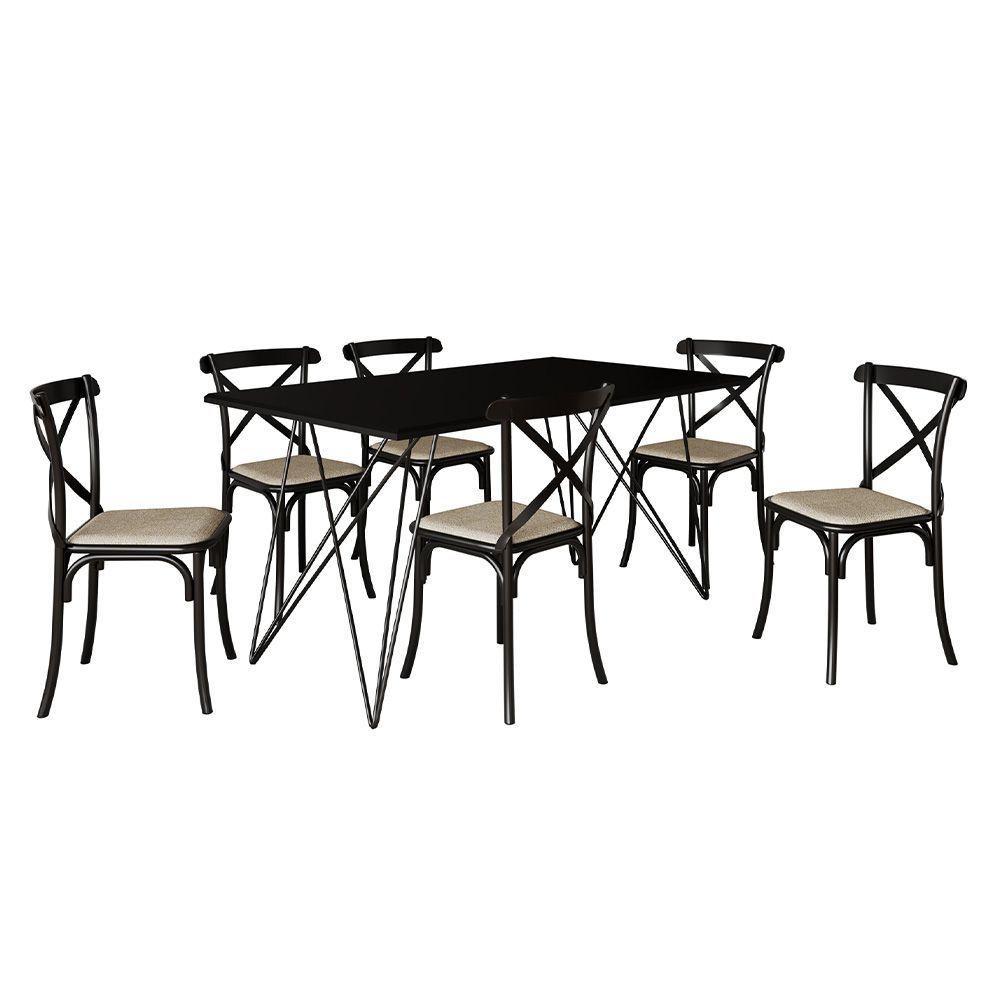 Mesa De Jantar Industrial Com 6 Cadeiras Katrina Preto Trama Premium Preto 150 Cm - Preto - 5