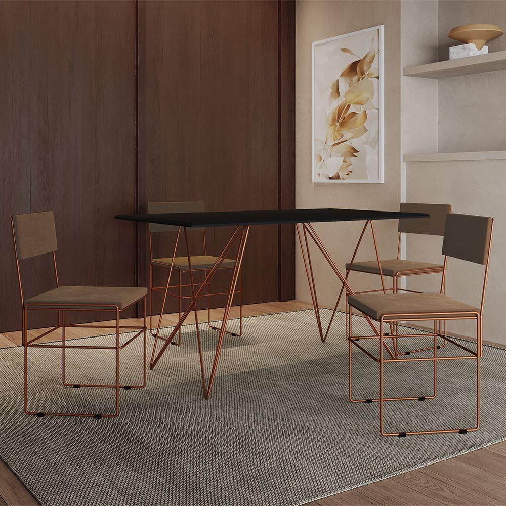 Mesa Jantar Industrial Trama 1,40X0,80M Preta Com 4 Cadeiras Estofadas Vitória Marrom E Cobre - 1