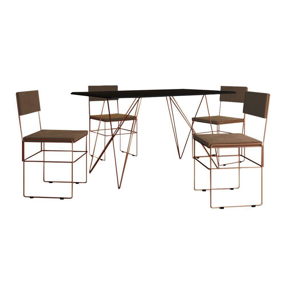 Mesa Jantar Industrial Trama 1,40X0,80M Preta Com 4 Cadeiras Estofadas Vitória Marrom E Cobre - 6