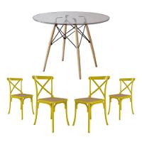 Conjunto De Mesa Eiffel Redondo Tampo De Vidro 110Cm Com 4 Cadeiras Katrina Amarela Assento Bege - 1